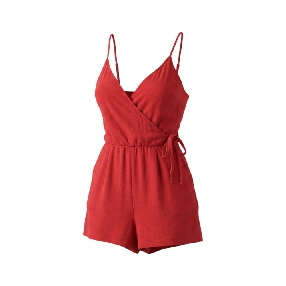 Red V-Neck Romper Small Side Tie‎ Pockets Festival Boho Chic Summer Girly Resort